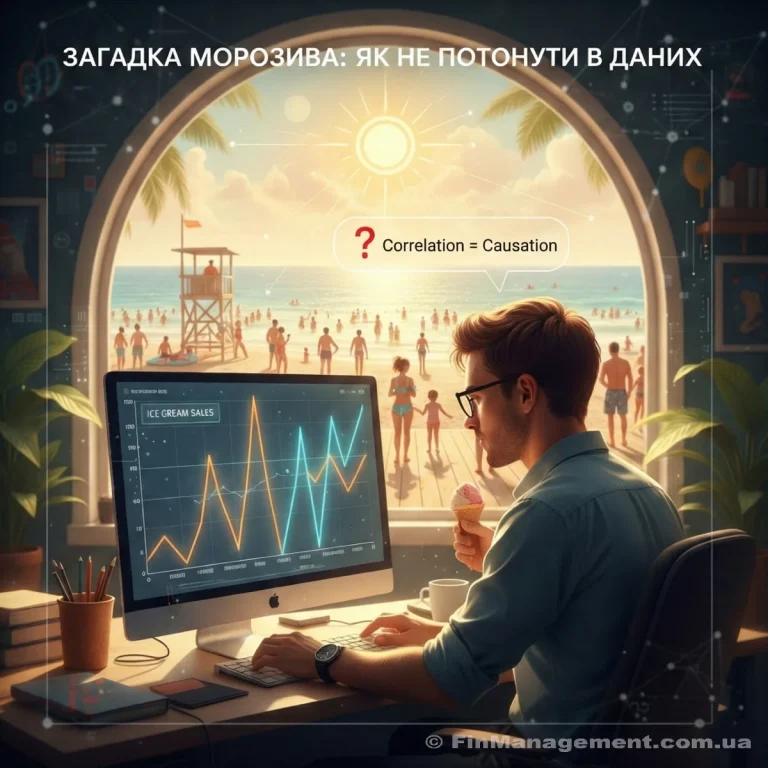 Цифрова ілюстрація аналітика, який розглядає графік "Продажі морозива" на екрані комп'ютера на тлі сонячного пляжу, розмірковуючи над питанням "Чи дорівнює кореляція причинності?".