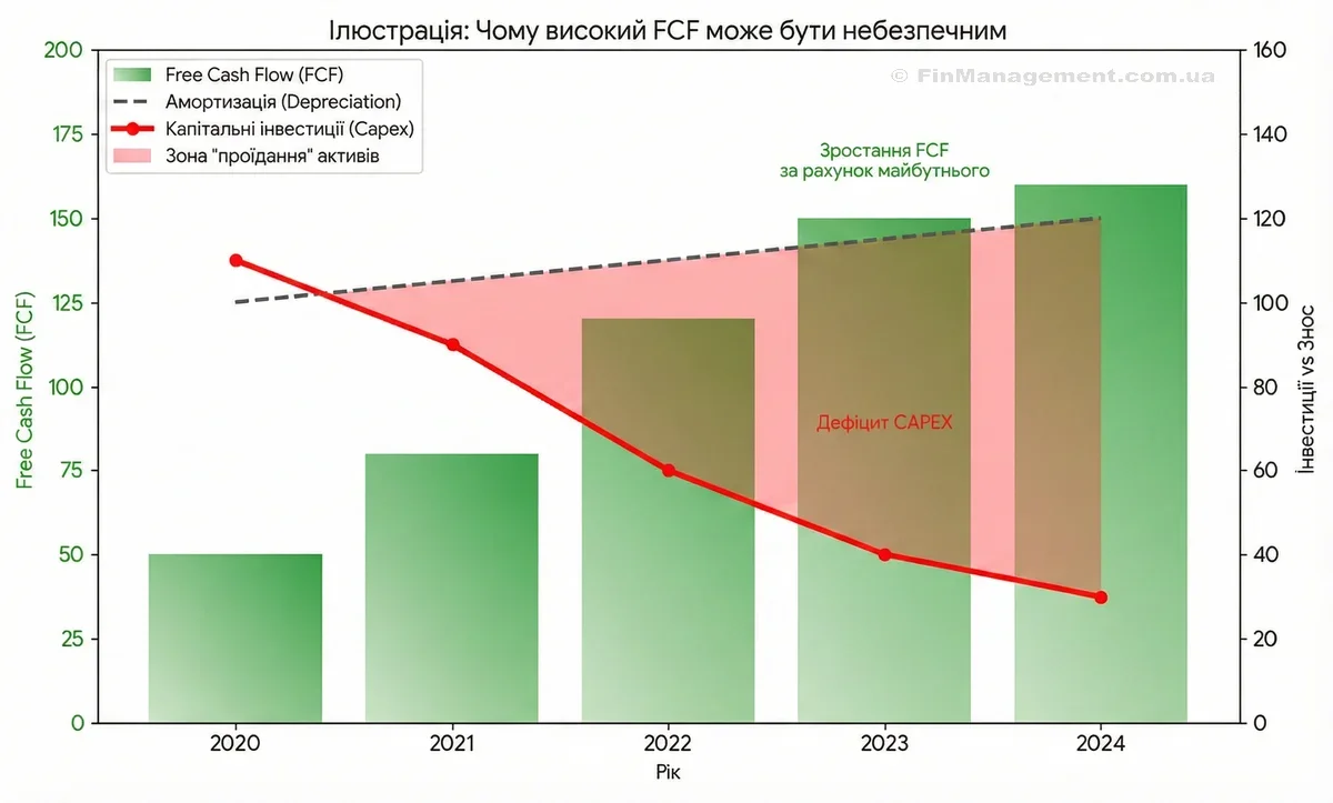 Финансовый график, демонстрирующий опасность необоснованного роста Free Cash Flow. Столбцы FCF растут, но линия капитальных инвестиций (Capex) падает ниже уровня амортизации, формируя красную зону &laquo;проедания&raquo; активов и технической деградации бизнеса.