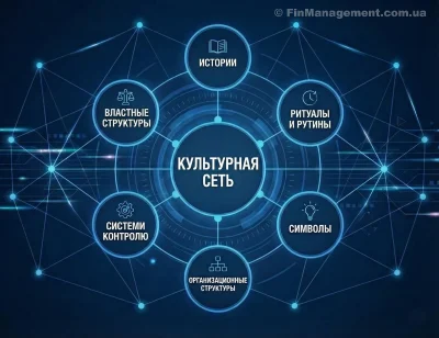 Диаграмма модели &laquo;Культурная паутина&raquo; (Cultural Web), демонстрирующая центральную парадигму и шесть элементов влияния: истории и мифы, символы, структуры власти, формальные структуры, системы контроля, ритуалы и рутины.