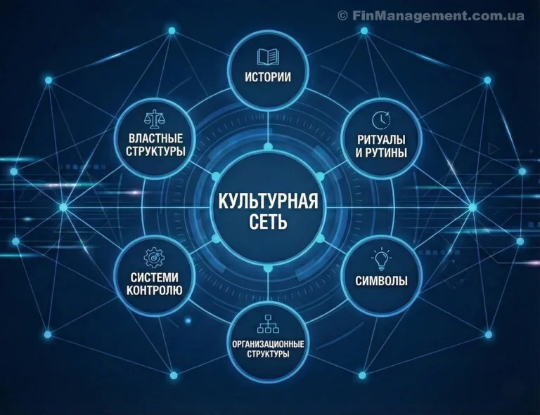 Диаграмма модели «Культурная паутина» (Cultural Web), демонстрирующая центральную парадигму и шесть элементов влияния: истории и мифы, символы, структуры власти, формальные структуры, системы контроля, ритуалы и рутины.