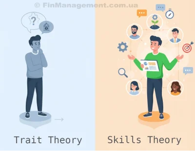 A comparative illustration of leadership theories. The left side labeled "Trait Theory" shows a static, puzzled figure. The right side labeled "Skill Theory" shows a dynamic, confident manager surrounded by symbols of growth, targets, and teamwork.