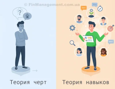 Сравнительная иллюстрация теорий лидерства. Слева: &laquo;Теория черт&raquo; (статическое состояние, сомнения). Справа: &laquo;Теория навыков&raquo; (динамическое развитие, символы обучения, целей и командной работы).