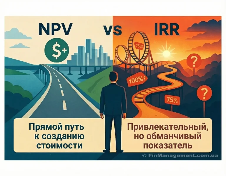 Концептуальная иллюстрация выбора метода оценки. «Путь IRR» выглядит легким, но скрывает ловушки: «Множественная IRR», «Ловушка реинвестирования» и «Проблема масштаба». Менеджер выбирает надежный «Путь NPV» (Чистая приведенная стоимость).