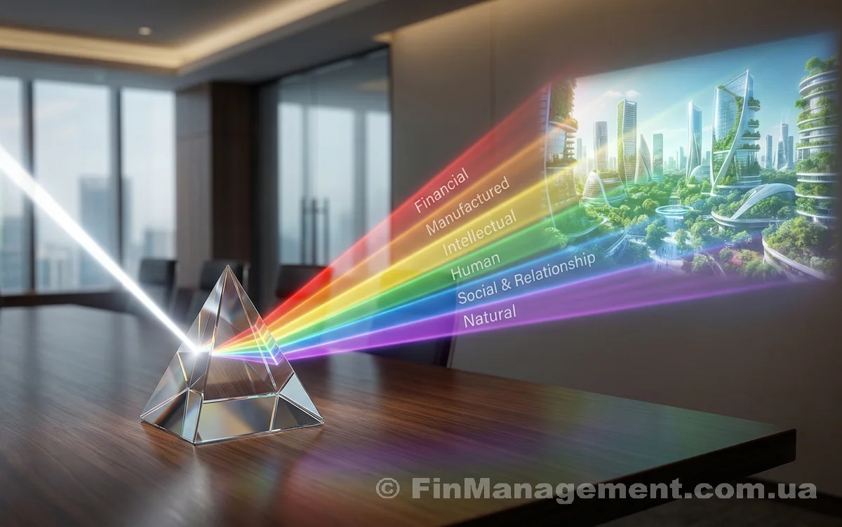 A glass prism on a desk splitting light into six rays labeled with the integrated reporting capitals: Financial, Manufactured, Intellectual, Human, Social & Relationship, and Natural.
