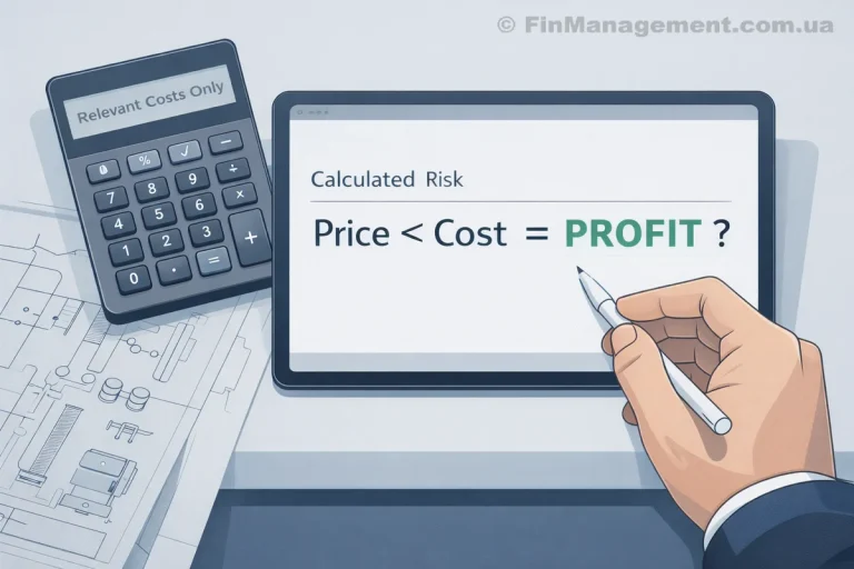 A flat design illustration showing a hand holding a stylus over a tablet screen that displays the equation “Price < Cost = PROFIT?”. Beside the tablet, a large calculator visualization reads “Relevant Costs Only”. Blueprints for metal products are spread across the desk surface. The image uses muted blue and grey tones with a prominent green accent on the word “PROFIT”, illustrating marginal costing analysis for business decisions.
