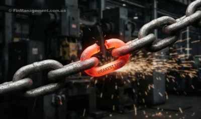 A conceptual macro shot of a metal chain under tension. One link in the center is glowing orange, rusted, and cracking, representing the weakest link and system bottleneck.