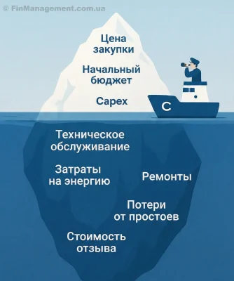 Векторная иллюстрация принципа айсберга в бизнесе. Над водой видна верхушка: цена покупки, начальный бюджет, Capex. Под водой изображена массивная часть скрытых затрат: техническое обслуживание, энергия, ремонты, убытки от простоев и отзыв продукции.