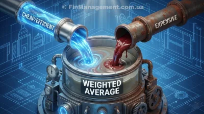 Conceptual 3D illustration of resource mixing. A blue liquid pipeline (efficient resource) and a red sludge pipeline (expensive resource) feed into a tank. They mix into a neutral grey liquid labeled "Weighted Average," visualizing how averages hide operational inefficiencies.