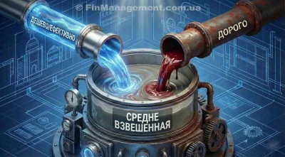 3D-иллюстрация смешивания ресурсов в промышленном резервуаре. Слева течет чистая голубая жидкость (эффективный ресурс), справа — густой красный шлам (дорогостоящий ресурс). В баке они превращаются в серую массу с надписью «Weighted Average», демонстрируя потерю информации при усреднении данных.