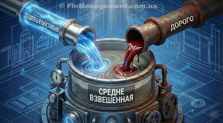 3D-иллюстрация смешивания ресурсов в промышленном резервуаре. Слева течет чистая голубая жидкость (эффективный ресурс), справа — густой красный шлам (дорогостоящий ресурс). В баке они превращаются в серую массу с надписью «Weighted Average», демонстрируя потерю информации при усреднении данных.