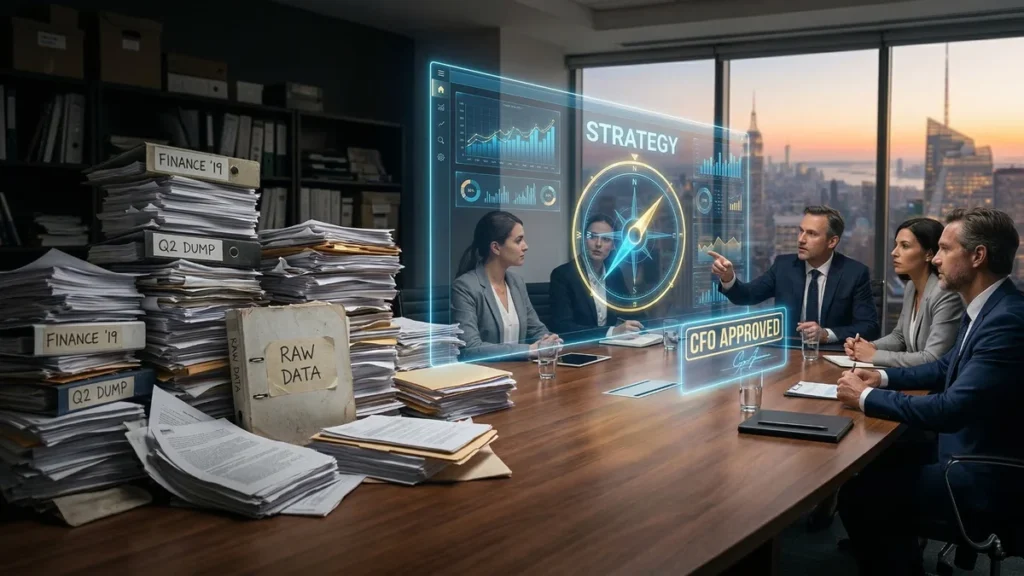 Фінансовий директор презентує раді директорів стратегічний навігатор на голографічному дашборді, який замінює хаотичні купи паперових фінансових звітів.