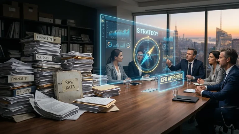 Фінансовий директор презентує раді директорів стратегічний навігатор на голографічному дашборді, який замінює хаотичні купи паперових фінансових звітів.
