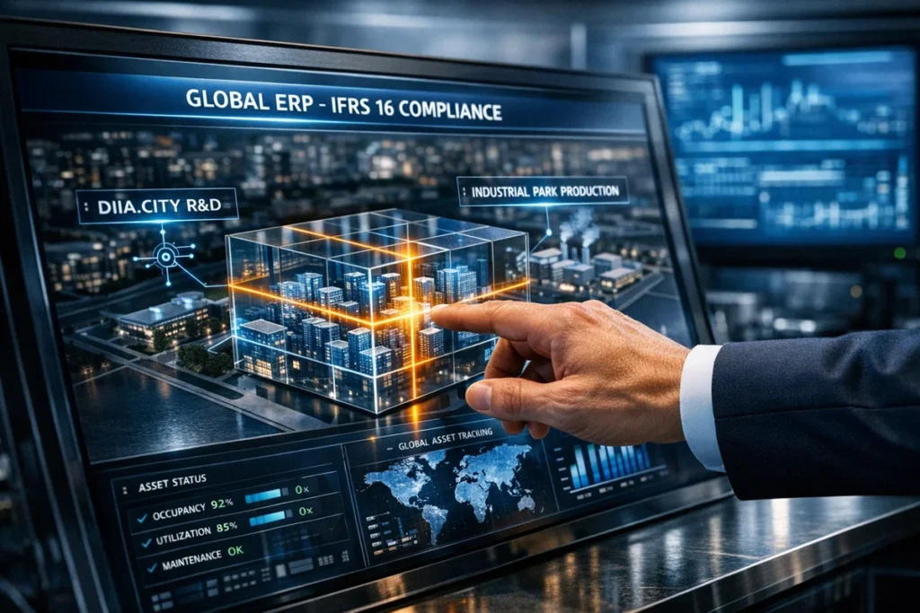 Керівник працює з глобальною ERP-системою на великому сенсорному моніторі, де відображено архітектурний симбіоз об'єктів Дія.City та індустріального парку в реальному часі.