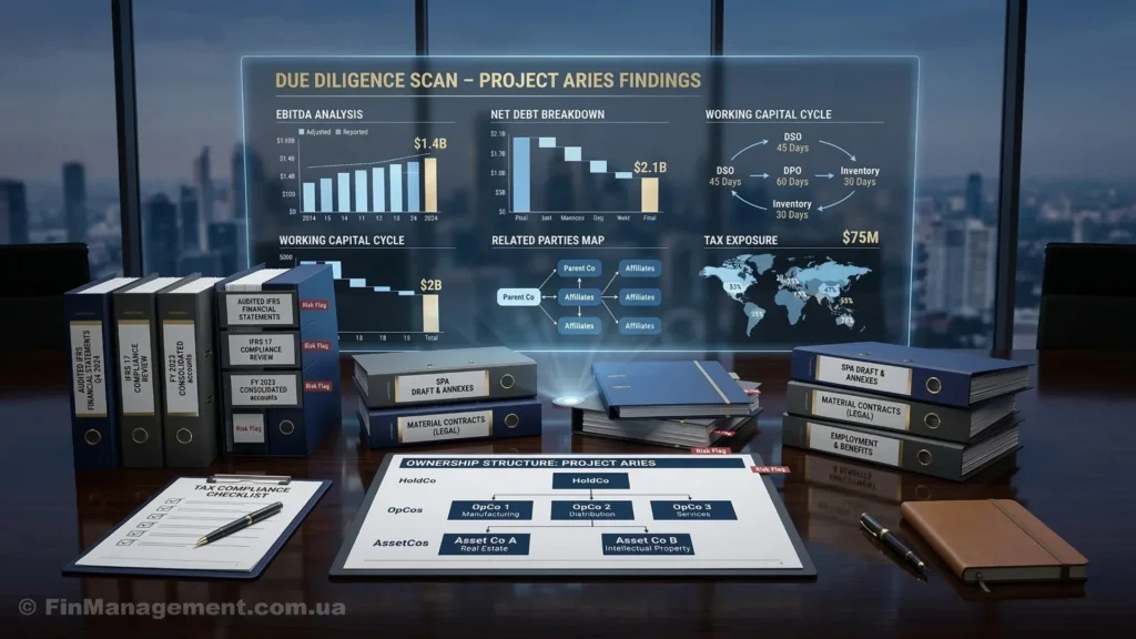 CFO desk with audit report binders and a holographic dashboard displaying financial due diligence findings, EBITDA metrics, and company ownership structure.