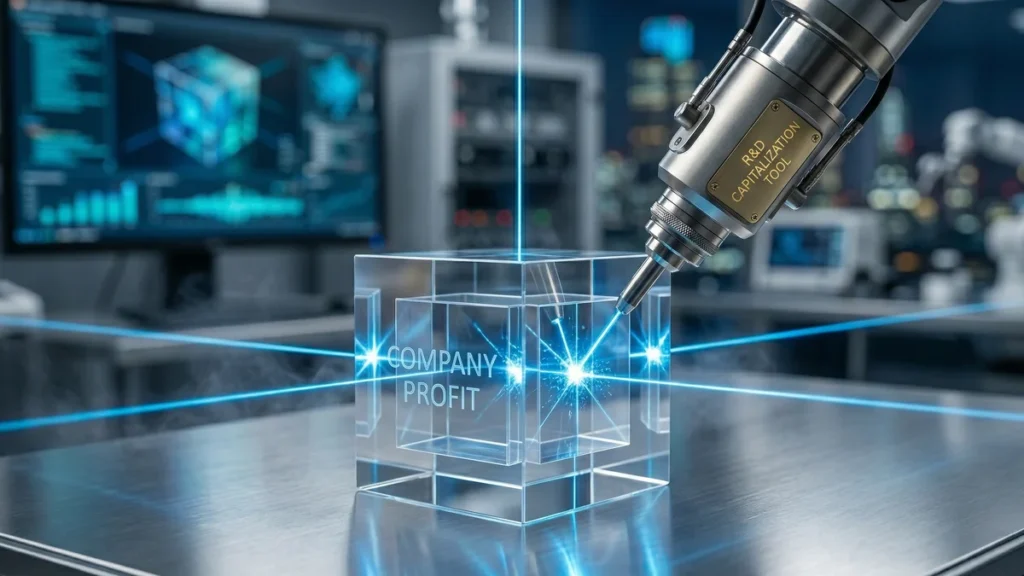 Концептуальне зображення прозорого куба, що символізує прибуток компанії, який філігранно обробляється високотехнологічним лазерним інструментом для капіталізації R&D у сучасній лабораторії.