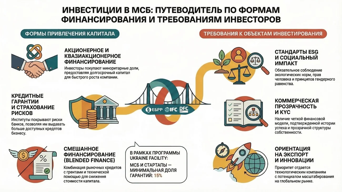 Подробная инфографика, демонстрирующая основные формы привлечения инвестиций для малого и среднего бизнеса (МСБ) и ключевые требования инвесторов.