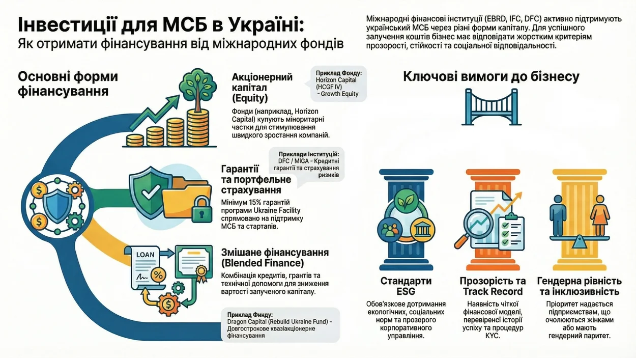 Детальна інфографіка, що демонструє основні форми залучення інвестицій для малого та середнього бізнесу (МСБ) і ключові вимоги інвесторів.