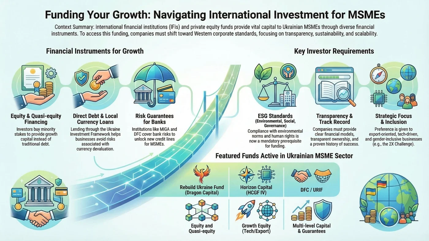 Detailed infographic illustrating the main forms of attracting investments for small and medium-sized enterprises (SMEs) and key investor requirements.