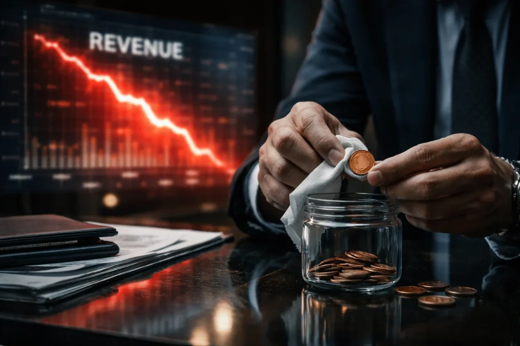 Executive polishing a small coin against a background of a crashing revenue chart, symbolizing the trap of local efficiency and total cost reduction.
