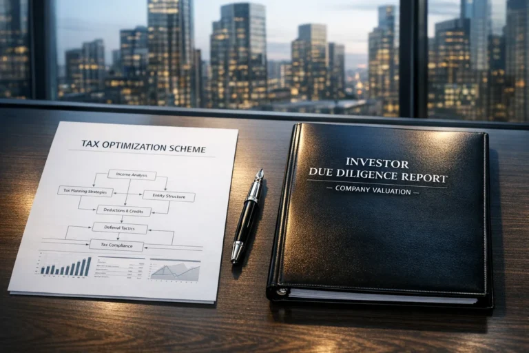 Реалістична макрофотографія робочого столу фінансового директора, на якому поруч лежать схема податкової оптимізації та звіт due diligence для інвестора, що символізують фундаментальний дуалізм корпоративного управління.