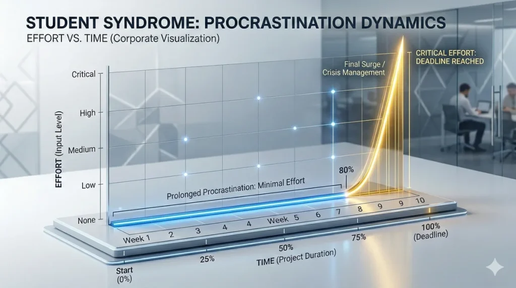 A chart illustrating the Student Syndrome, where maximum effort is applied only at the very end of the time allocated for a task.