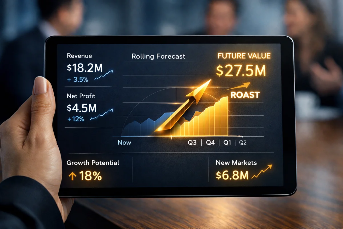 Дашборд на планшеті з візуалізацією ковзного прогнозу та майбутньої вартості бізнесу, що демонструє високий показник Data-Ink Ratio.