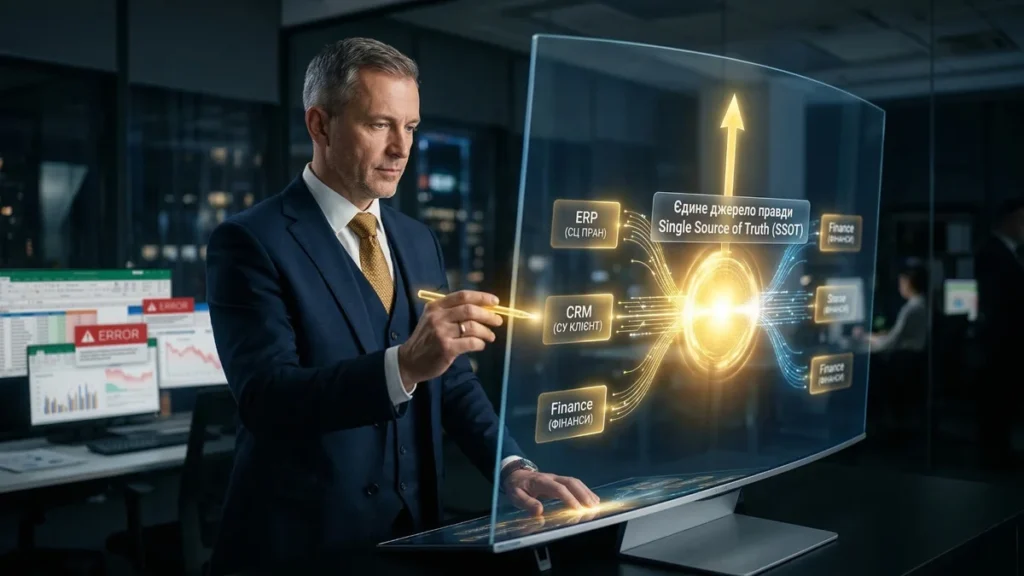 Фінансовий директор працює з голографічним дашбордом, який об'єднує дані з ERP та CRM у єдине джерело правди (SSOT), залишаючи помилкові таблиці Excel на задньому плані.